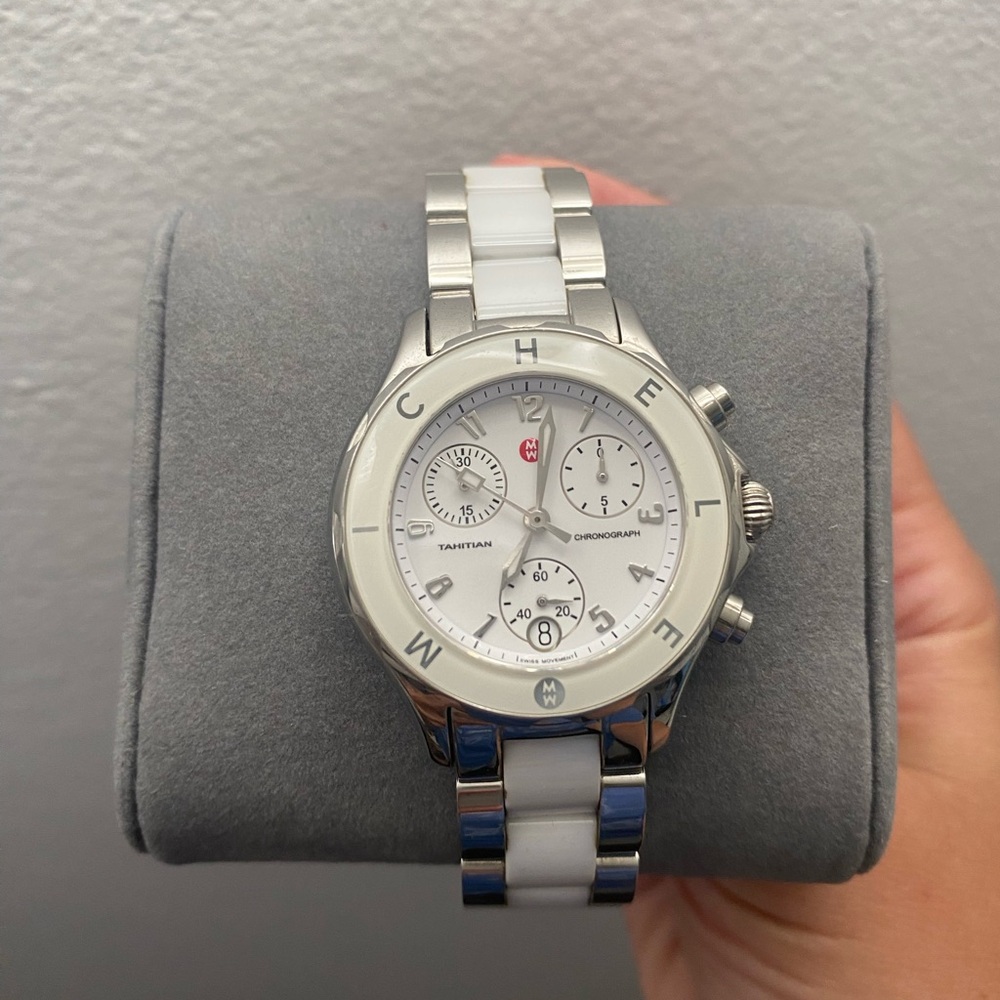 AUTHENTIC MICHELE Ladies Tahitian White Ceramic Chronograph Watch MWW12C000002